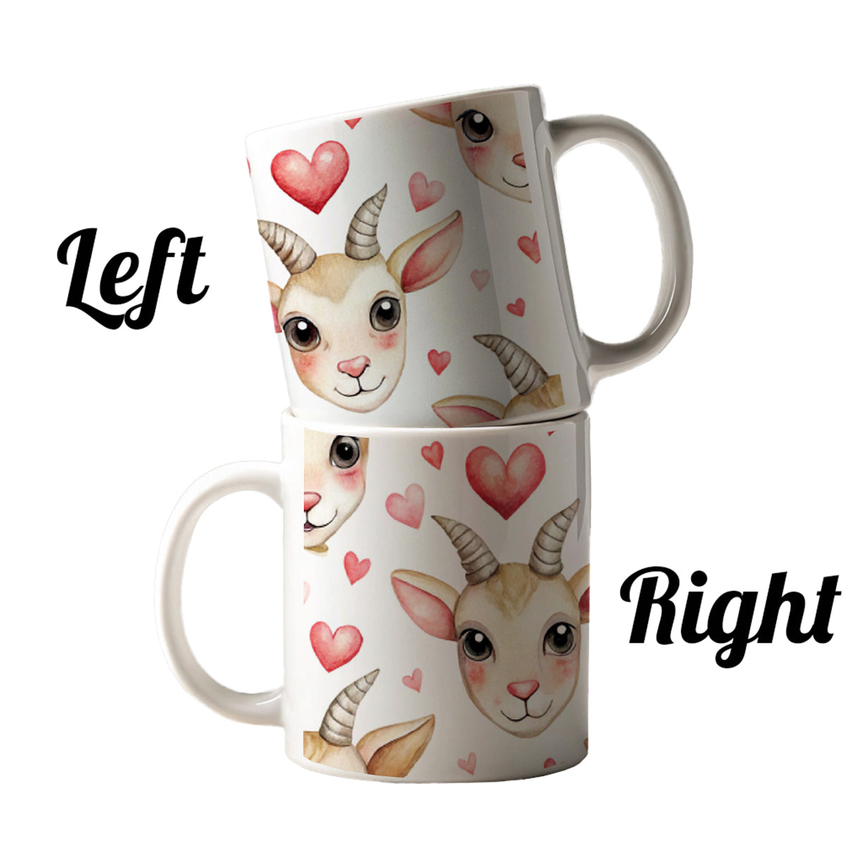 Cute Goat Faces Hearts Watercolor Ceramic Tea Coffee Mug Cup - 11oz