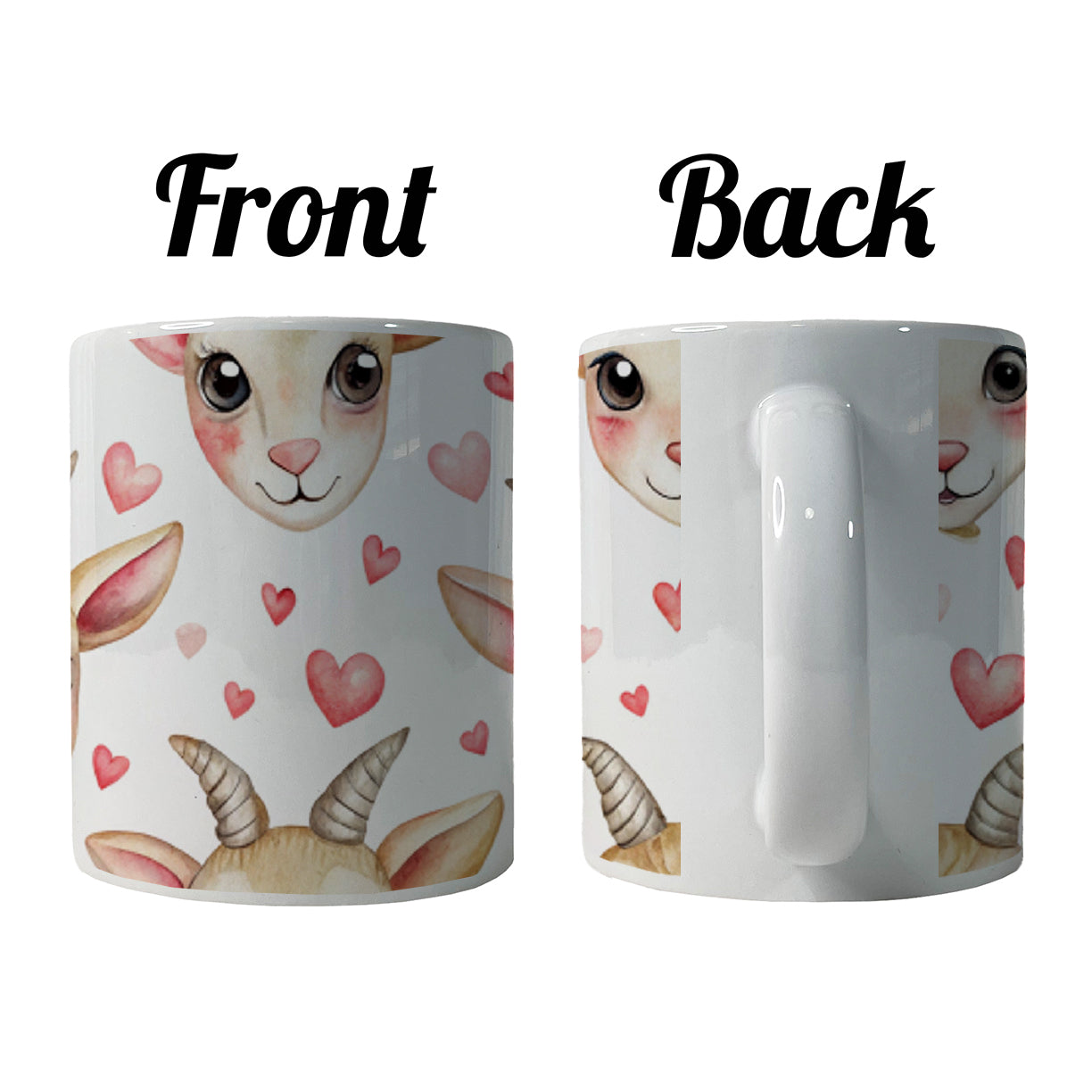 Cute Goat Faces Hearts Watercolor Ceramic Tea Coffee Mug Cup - 11oz