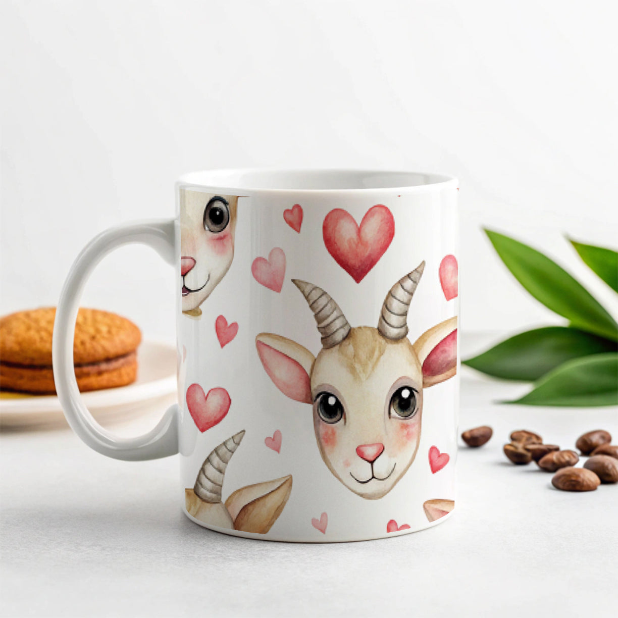Cute Goat Faces Hearts Watercolor Ceramic Tea Coffee Mug Cup - 11oz