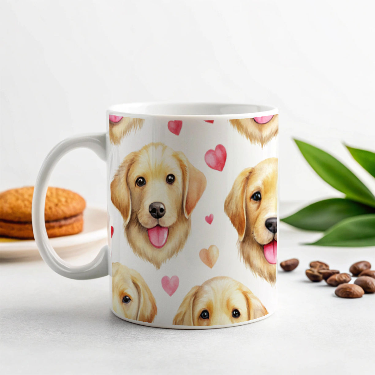 Cute Golden Retriever Dog Faces Hearts Ceramic Tea Coffee Mug Cup - 11oz
