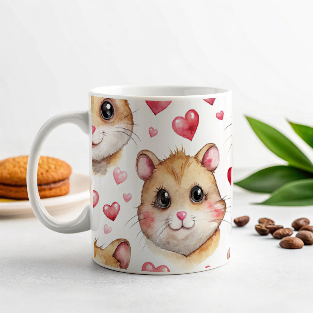 Cute Hamster Faces Hearts Ceramic Tea Coffee Mug Cup - 11oz