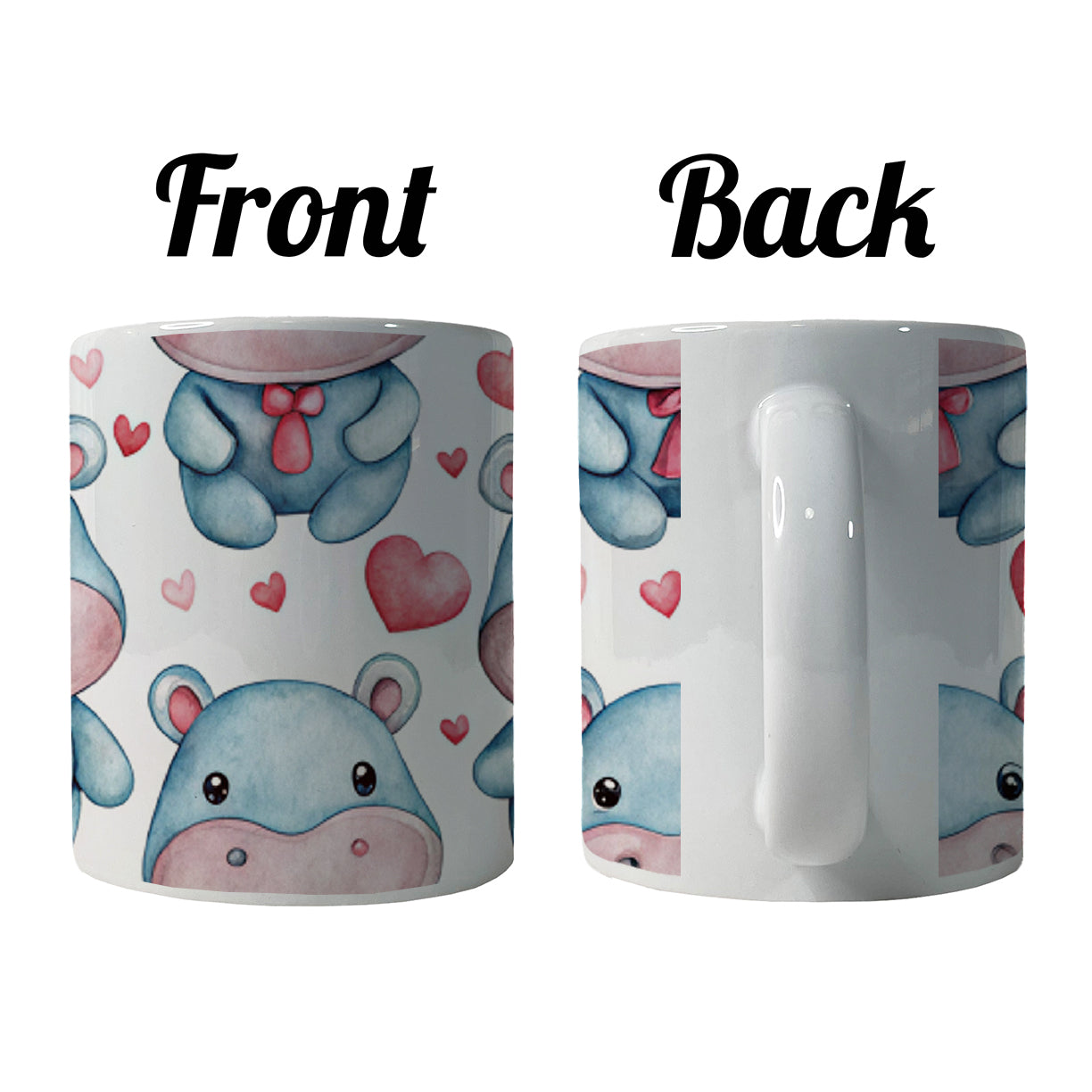 Cute Hippopotamus Hearts Watercolor Ceramic Tea Coffee Mug Cup - 11oz