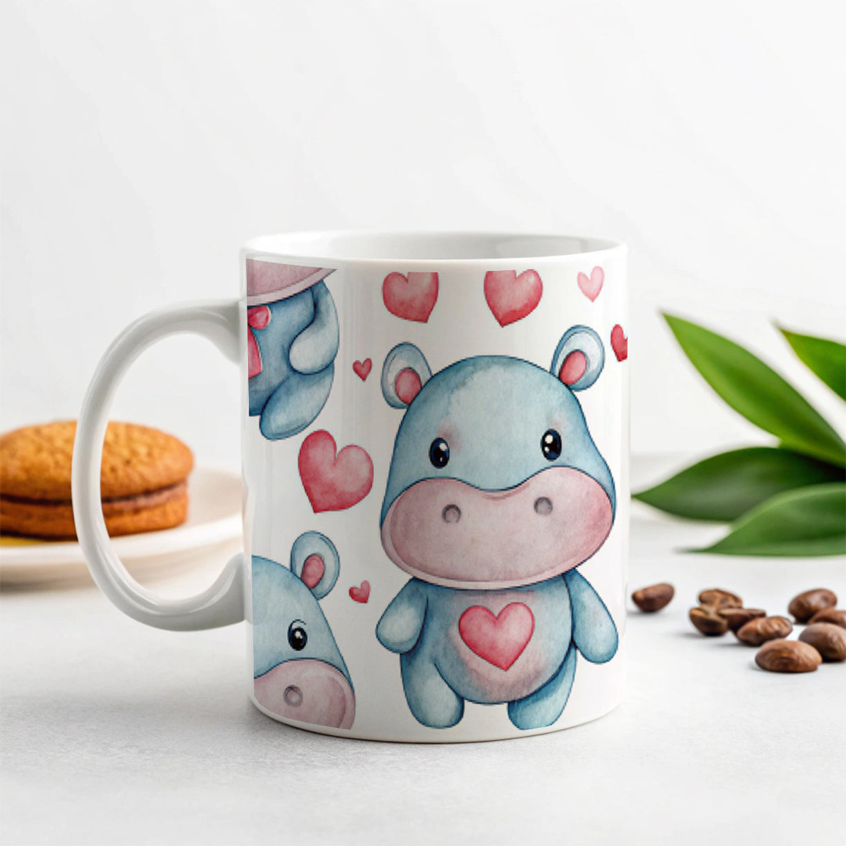 Cute Hippopotamus Hearts Watercolor Ceramic Tea Coffee Mug Cup - 11oz
