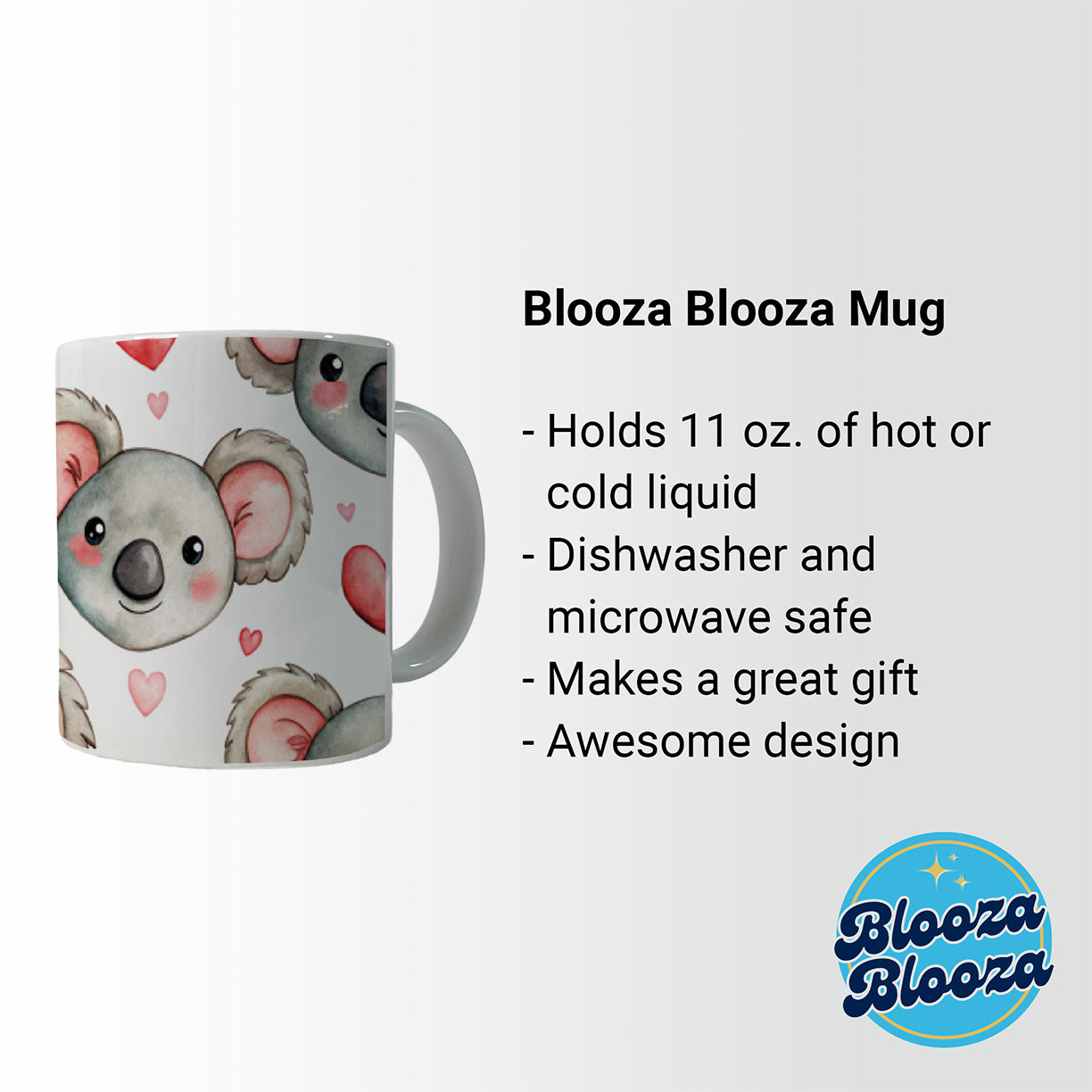 Cute Koala Bears Faces Hearts Ceramic Tea Coffee Mug Cup - 11oz