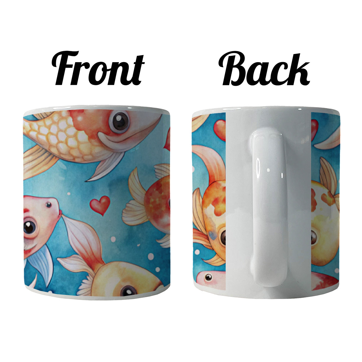 Cute Koi Fishes Hearts Watercolor Ceramic Tea Coffee Mug Cup - 11oz