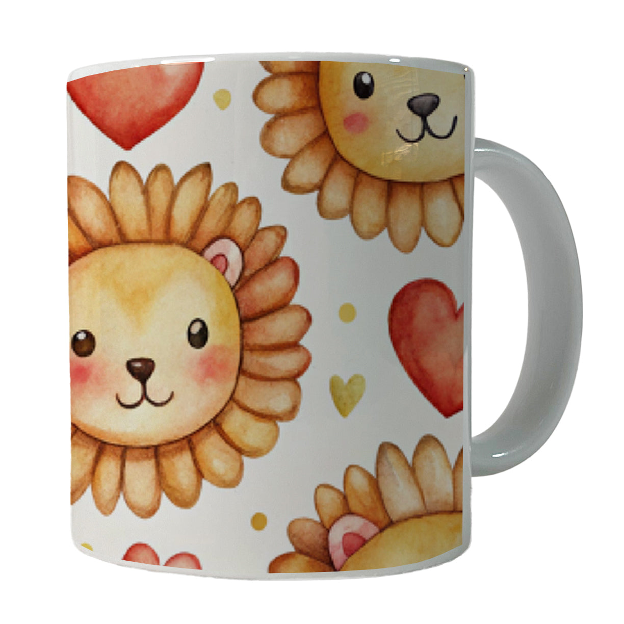 Cute Lion Faces Hearts Watercolor Ceramic Tea Coffee Mug Cup - 11oz
