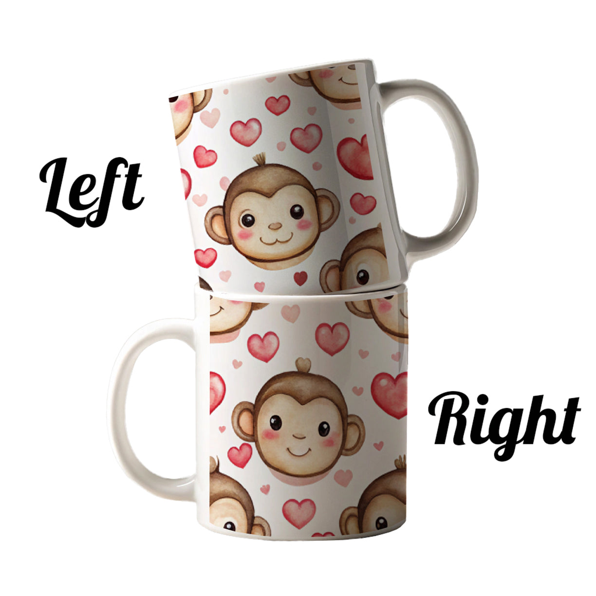 Cute Monkey Faces Hearts Watercolor Ceramic Tea Coffee Mug Cup - 11oz