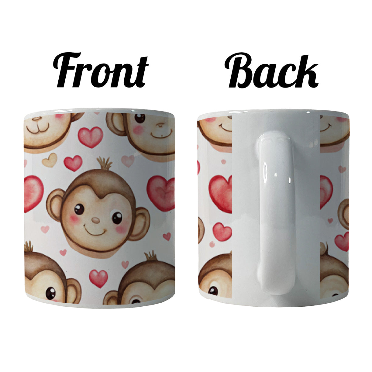Cute Monkey Faces Hearts Watercolor Ceramic Tea Coffee Mug Cup - 11oz