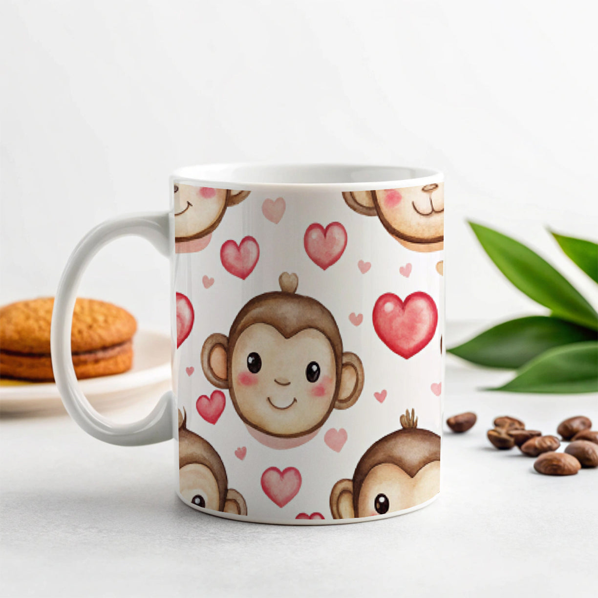 Cute Monkey Faces Hearts Watercolor Ceramic Tea Coffee Mug Cup - 11oz