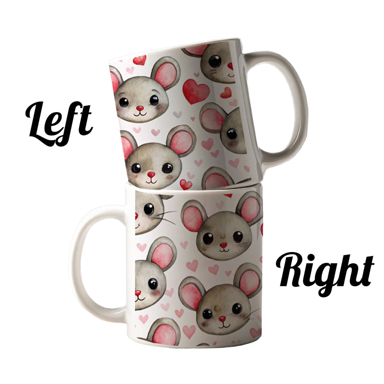 Cute Mouse Faces Hearts Watercolor Ceramic Tea Coffee Mug Cup - 11oz