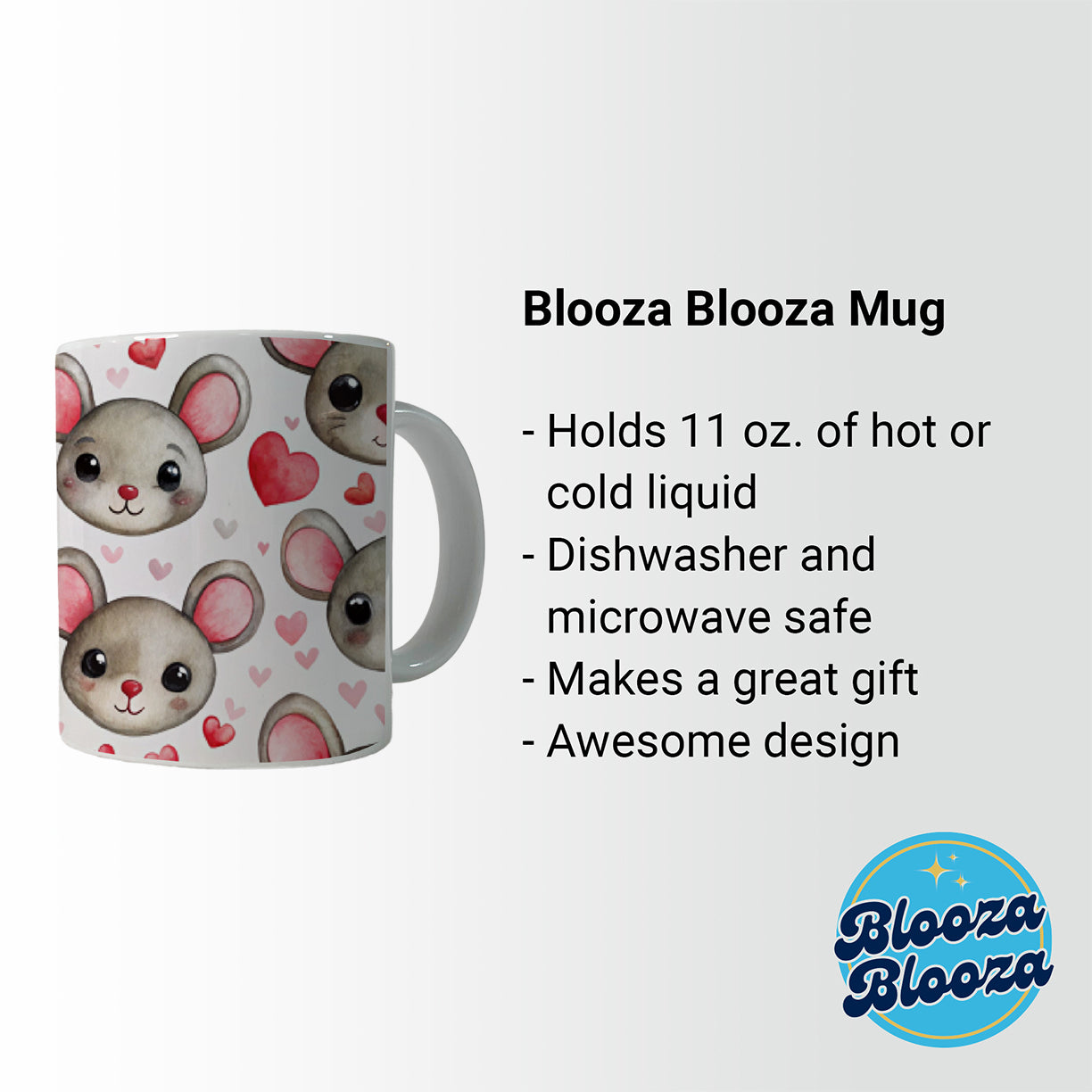 Cute Mouse Faces Hearts Watercolor Ceramic Tea Coffee Mug Cup - 11oz