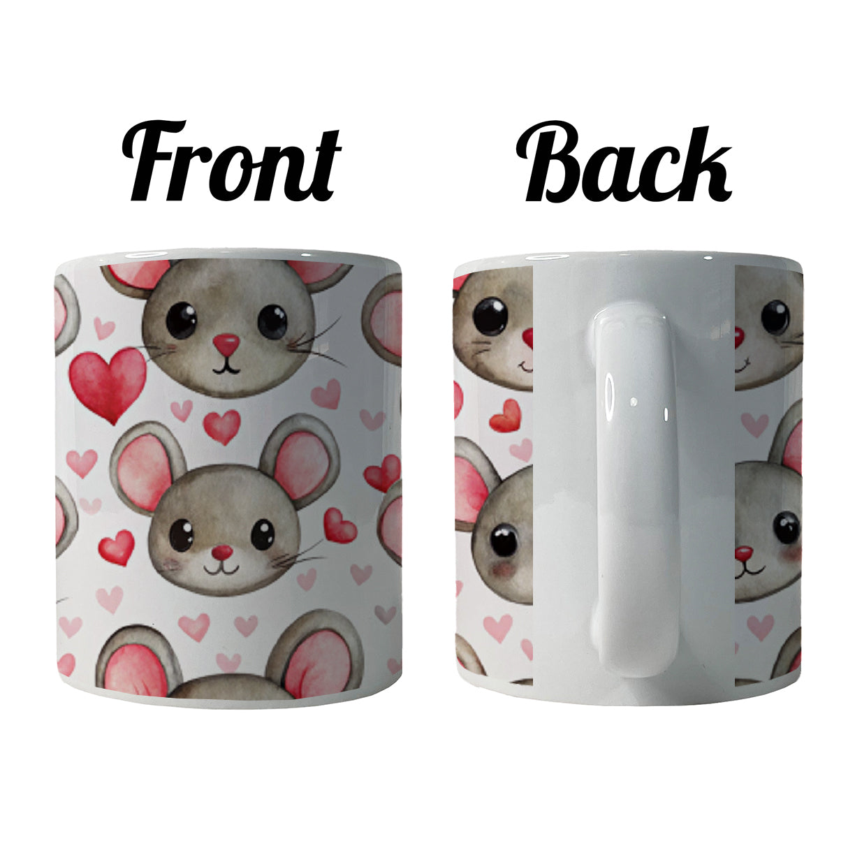 Cute Mouse Faces Hearts Watercolor Ceramic Tea Coffee Mug Cup - 11oz