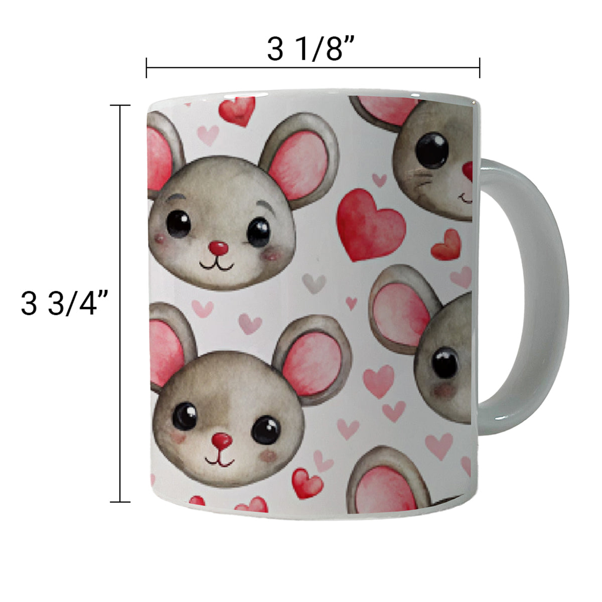 Cute Mouse Faces Hearts Watercolor Ceramic Tea Coffee Mug Cup - 11oz