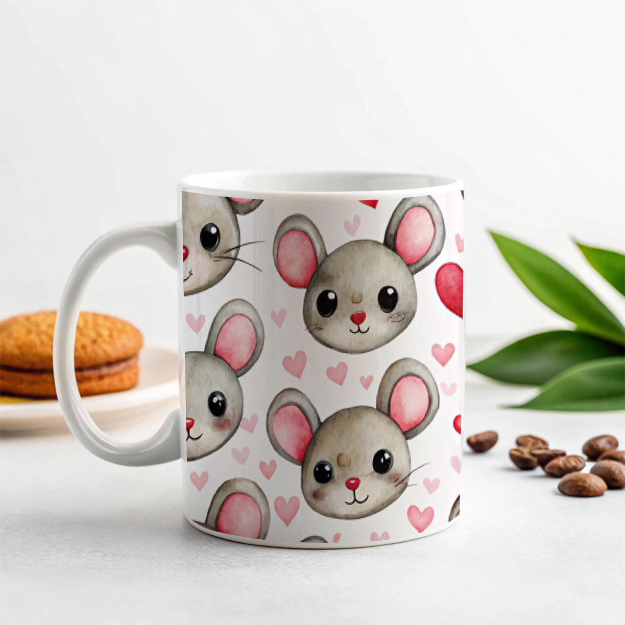 Cute Mouse Faces Hearts Watercolor Ceramic Tea Coffee Mug Cup - 11oz