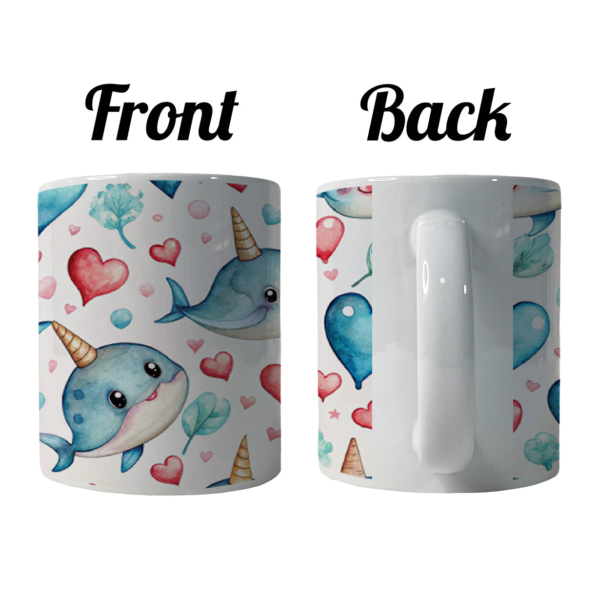Cute Narwhals Hearts Watercolor Ceramic Tea Coffee Mug Cup - 11oz