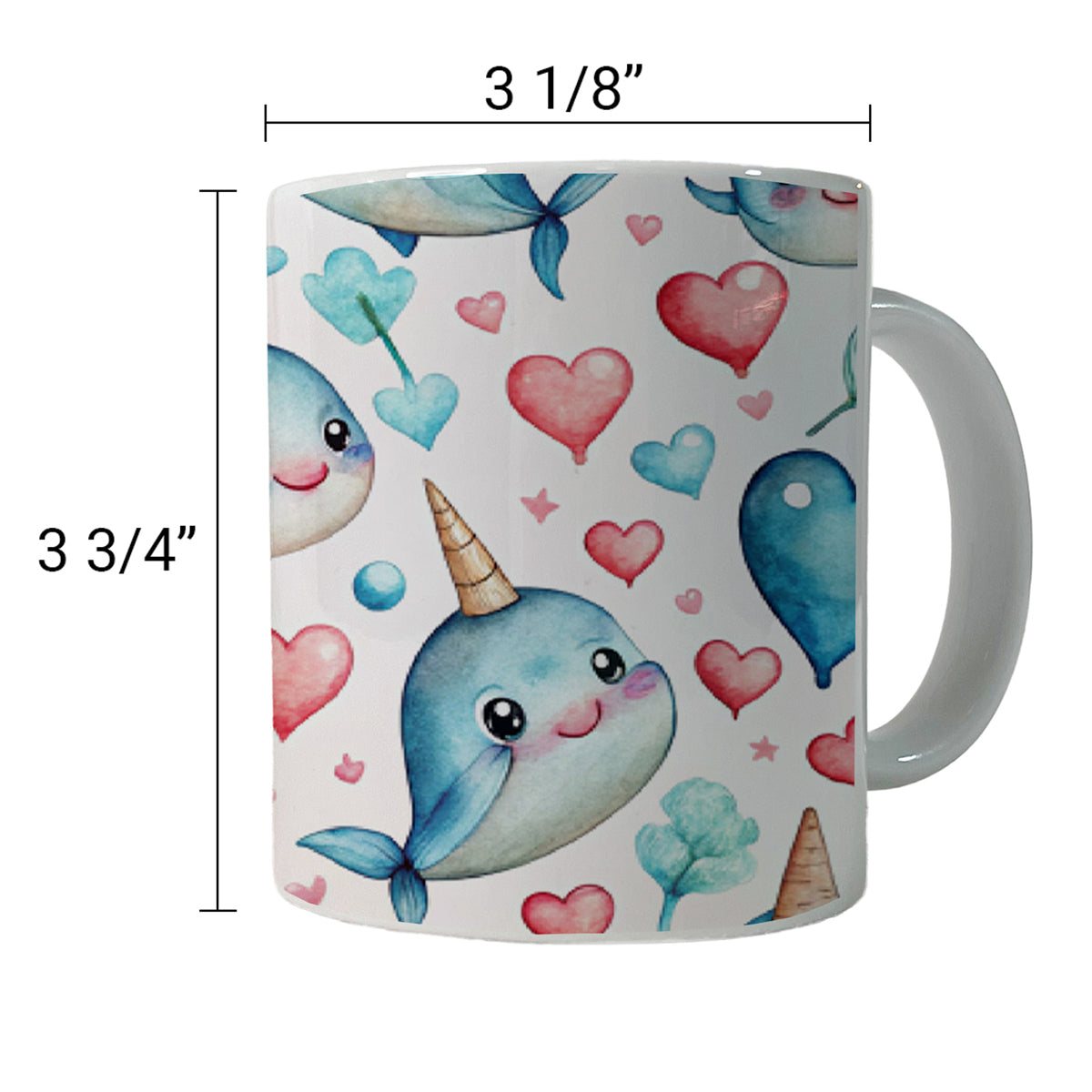 Cute Narwhals Hearts Watercolor Ceramic Tea Coffee Mug Cup - 11oz