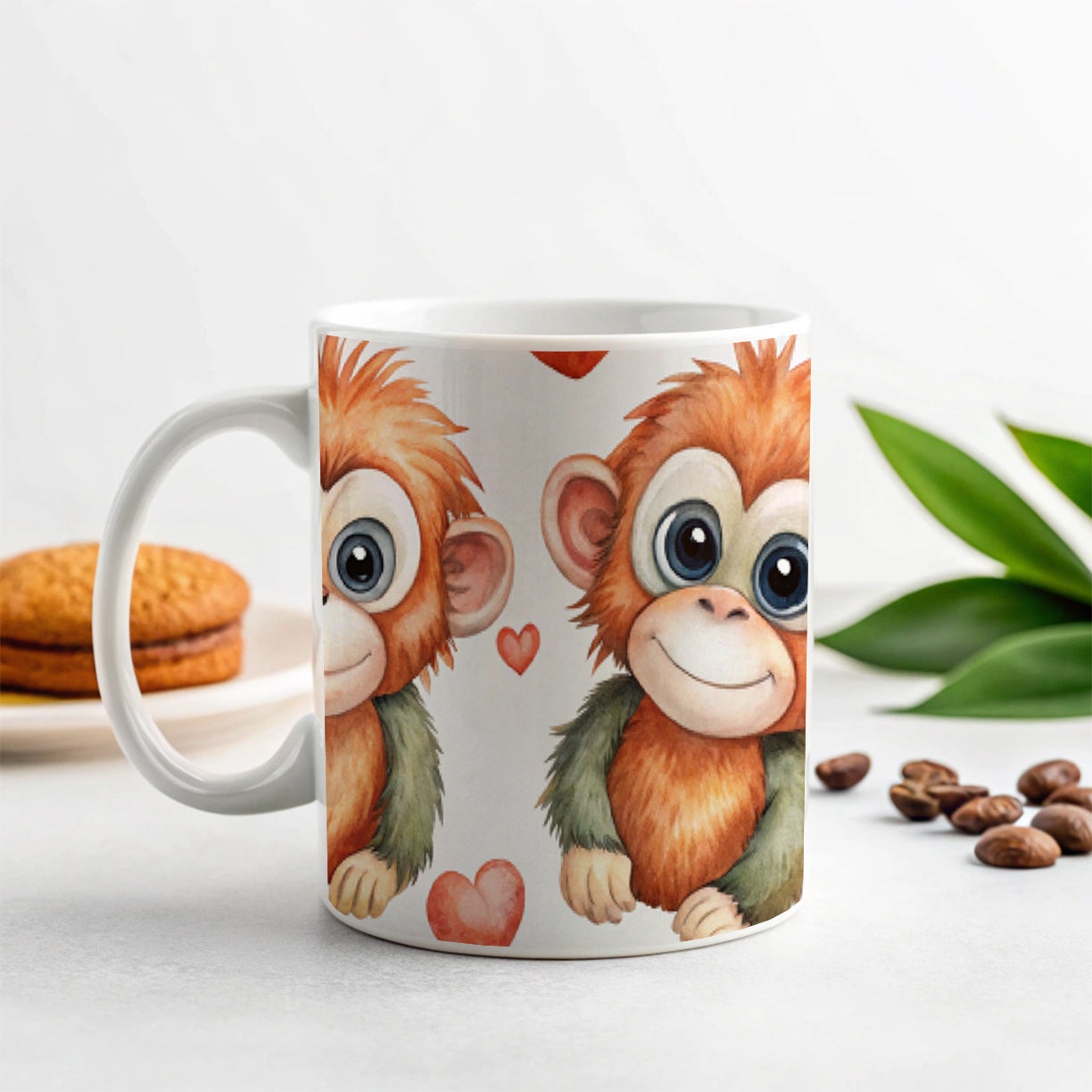 Cute Orangutans Hearts Watercolor Ceramic Tea Coffee Mug Cup - 11oz