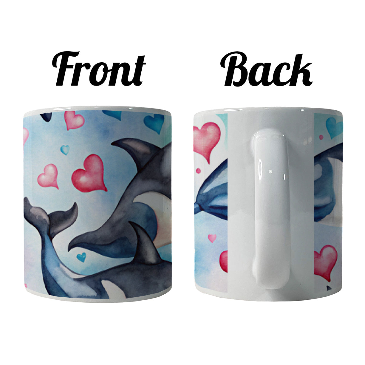 Cute Orcas Whales Hearts Watercolor Ceramic Tea Coffee Mug Cup - 11oz