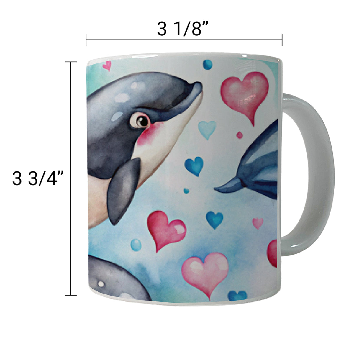 Cute Orcas Whales Hearts Watercolor Ceramic Tea Coffee Mug Cup - 11oz