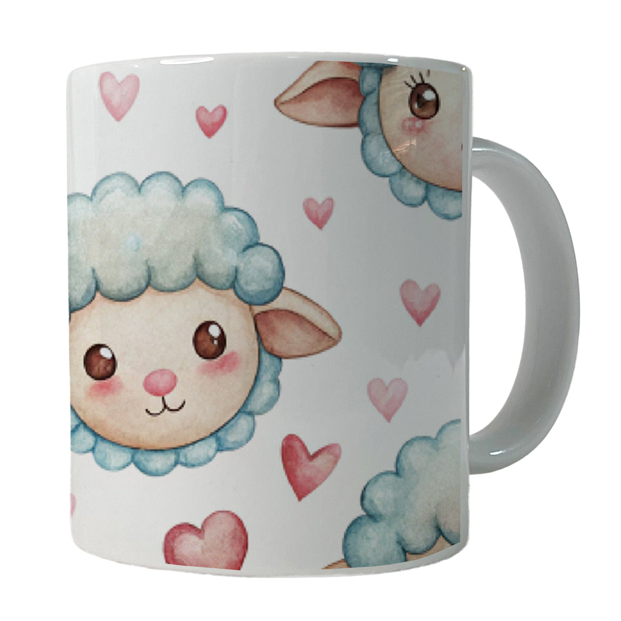Cute Sheep Faces Hearts Watercolor Ceramic Tea Coffee Mug Cup - 11oz