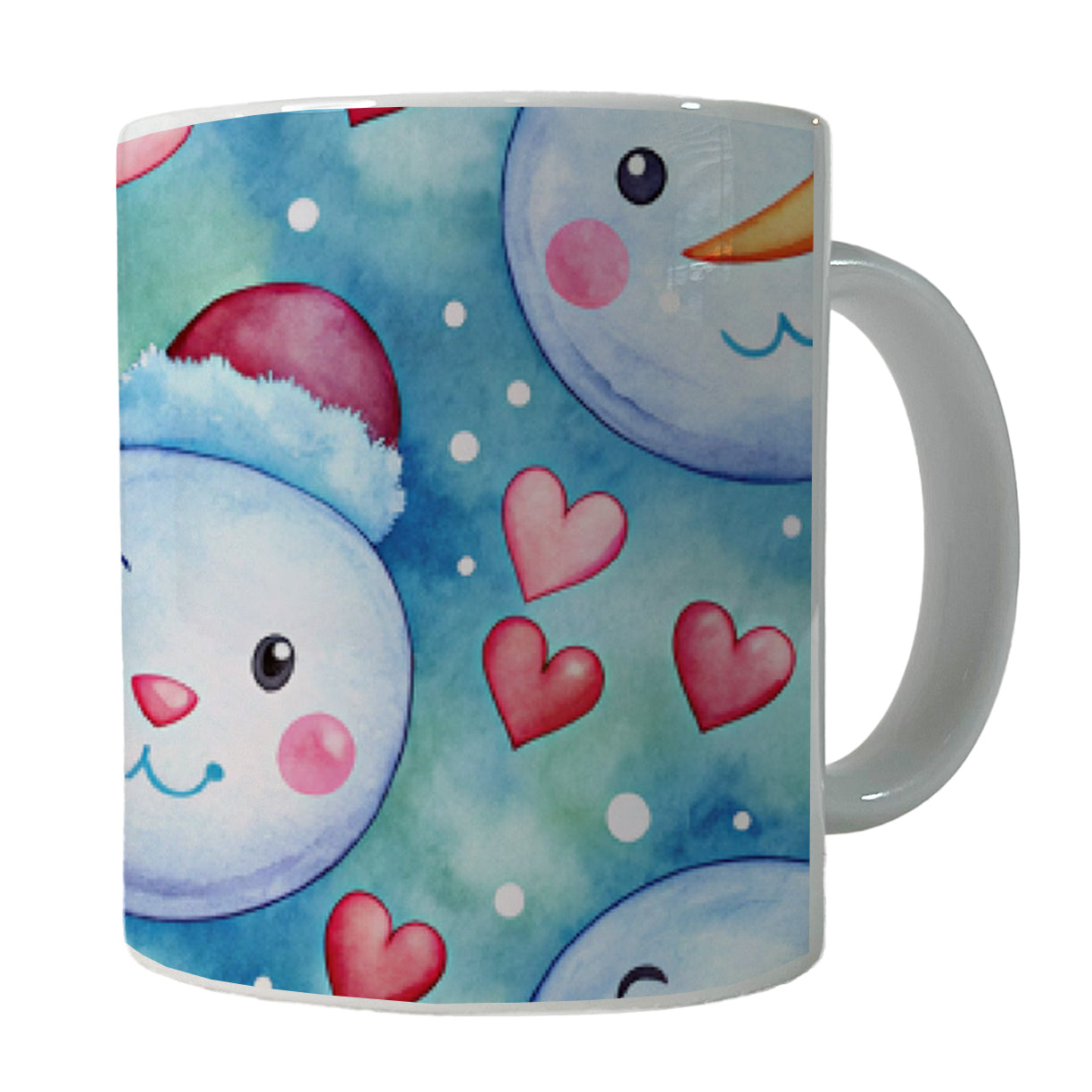 Cute Snowman Faces Hearts Winter Ceramic Tea Coffee Mug Cup - 11oz