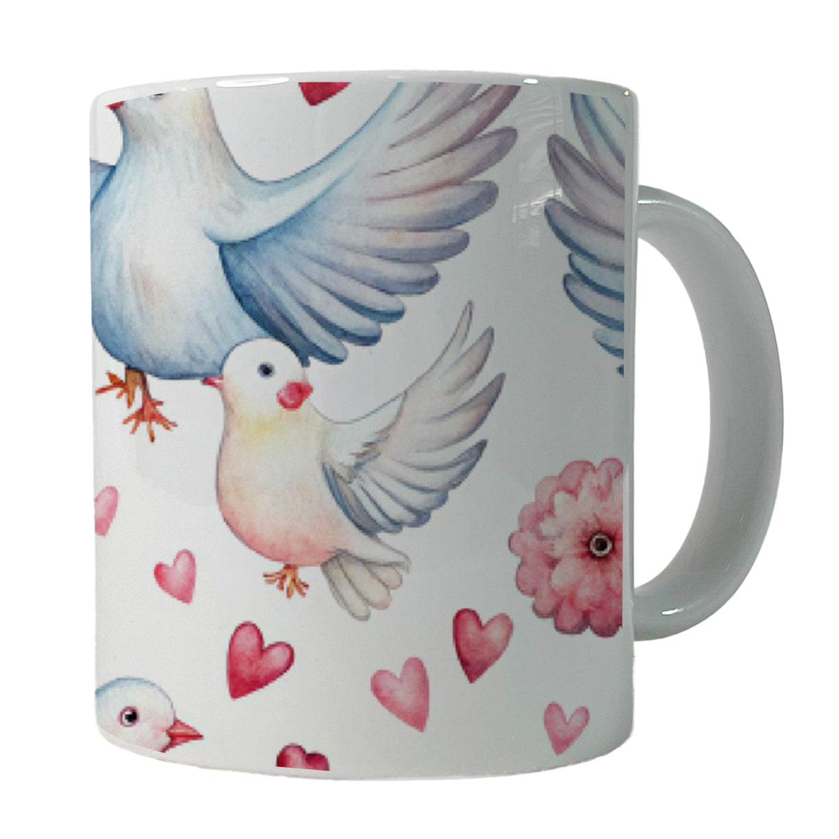 Doves Hearts Watercolor Ceramic Tea Coffee Mug Cup - 11oz