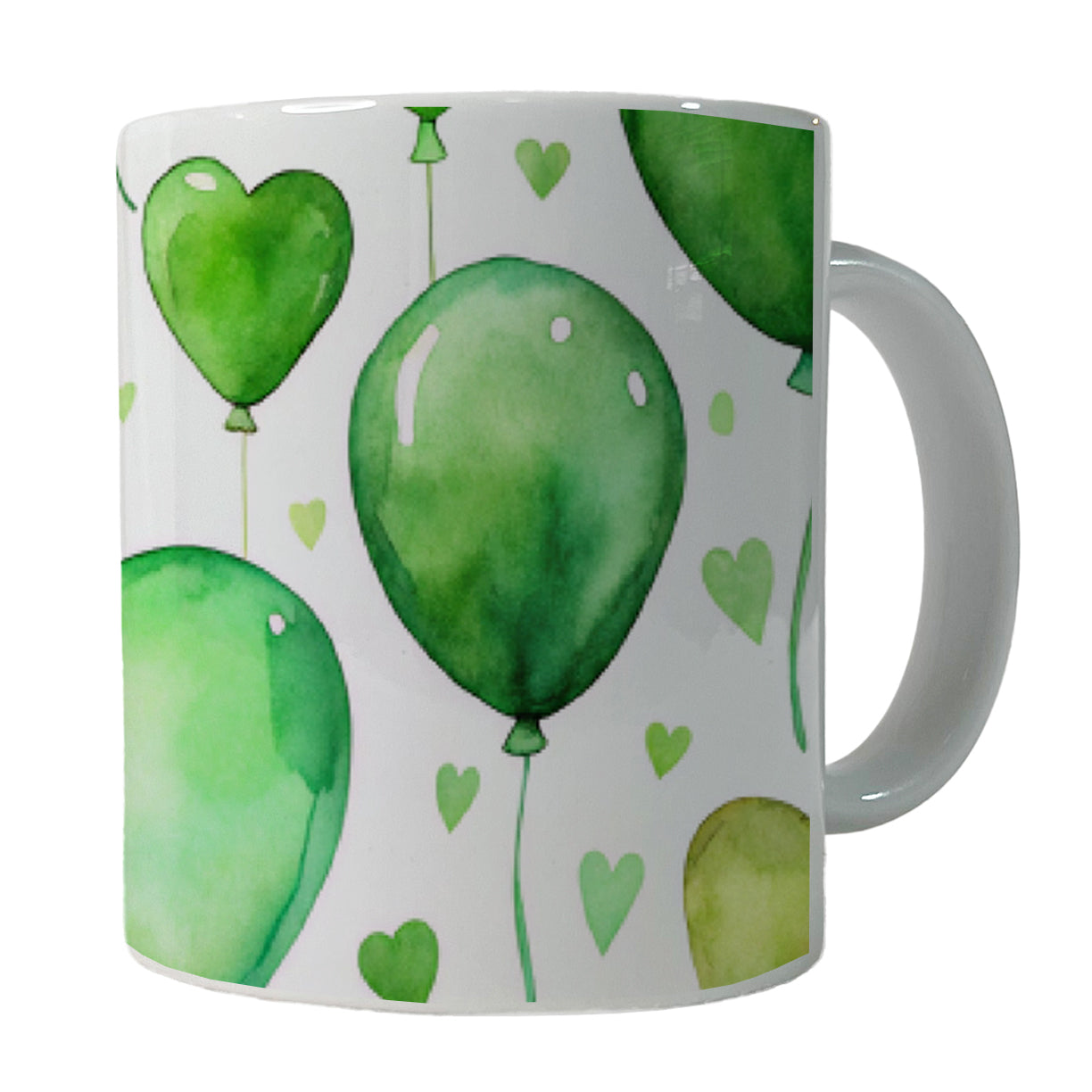 Green Balloons Hearts Watercolor Birthday Ceramic Tea Coffee Mug Cup - 11oz