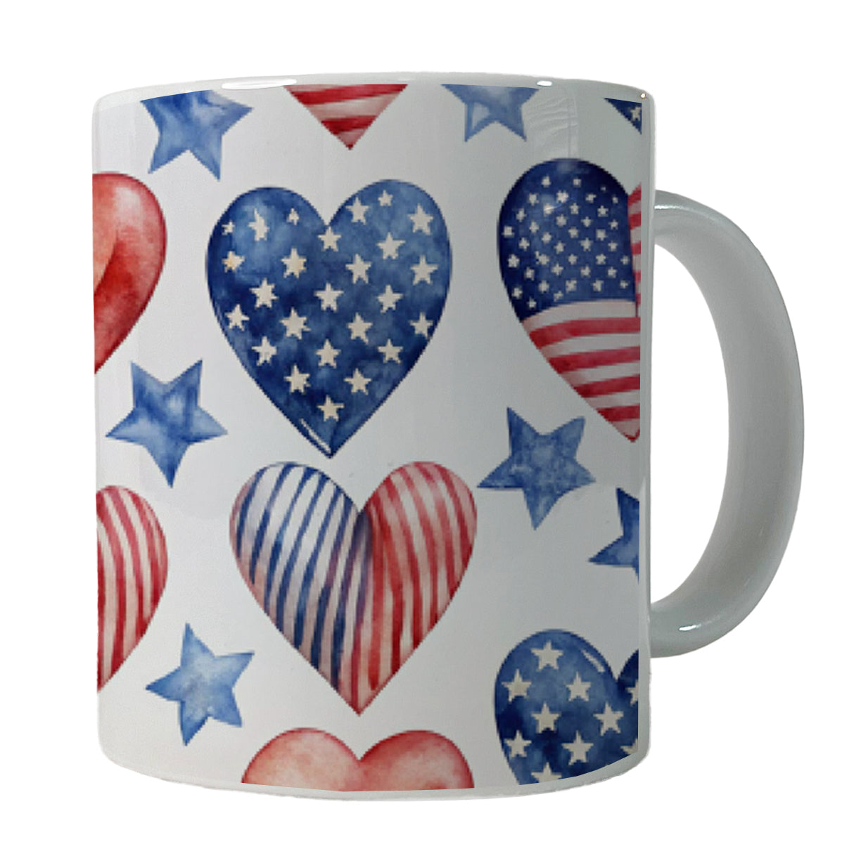 USA American Flags Hearts 4th of July Patriotic Watercolor Ceramic Tea Coffee Mug Cup - 11oz