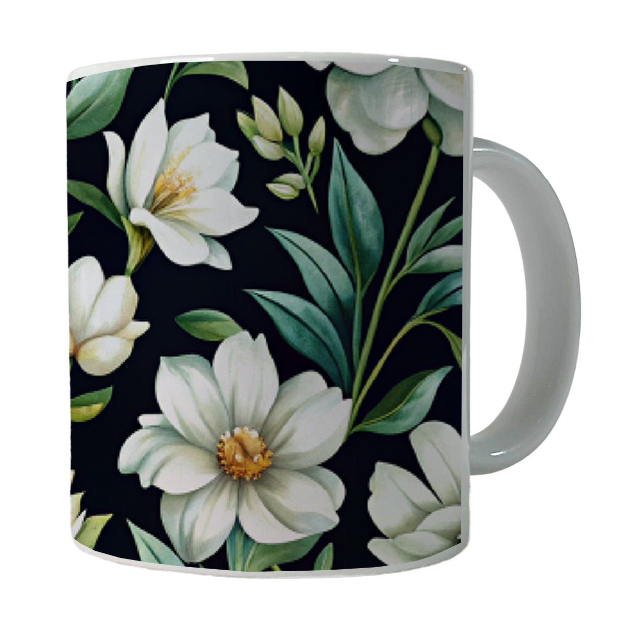 White Flowers Black Background Ceramic Tea Coffee Mug Cup - 11oz