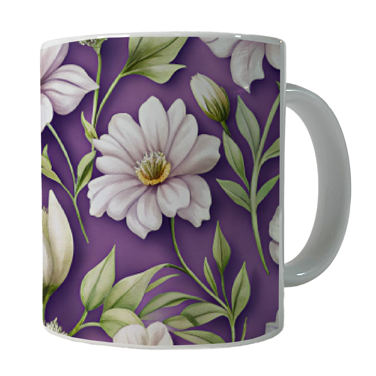 White Flowers Purple Background Ceramic Tea Coffee Mug Cup - 11oz