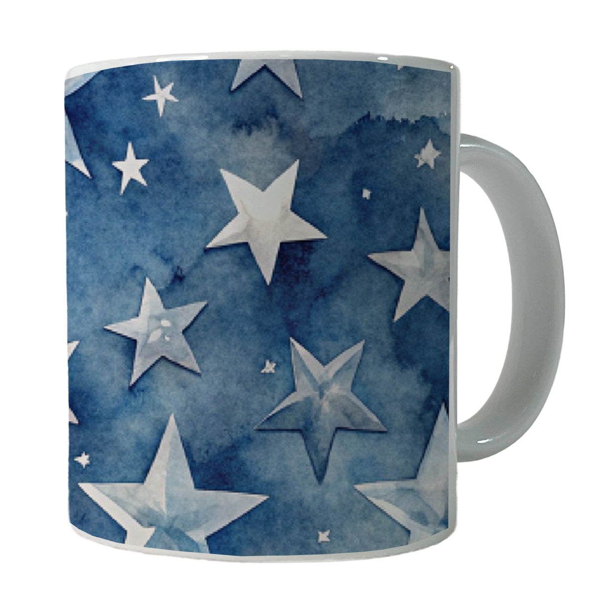White Stars Blue Background Watercolor Ceramic Tea Coffee Mug Cup - 11oz