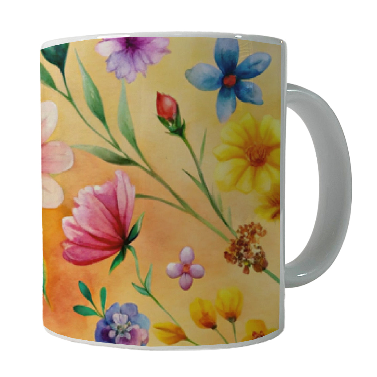 Flowers Yellow Background Watercolor Ceramic Tea Coffee Mug Cup - 11oz