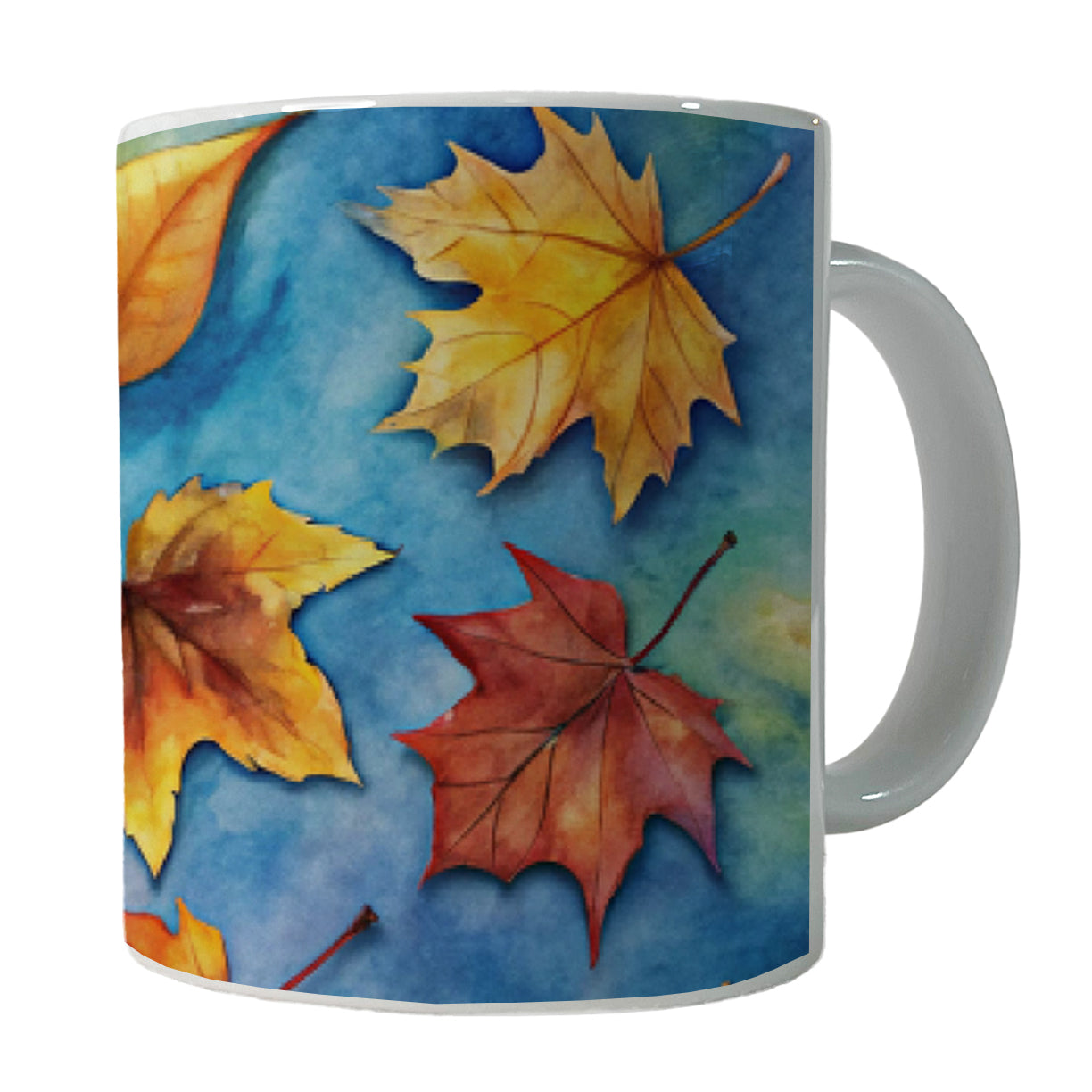 Leaves Blue Background Watercolor Ceramic Tea Coffee Mug Cup - 11oz