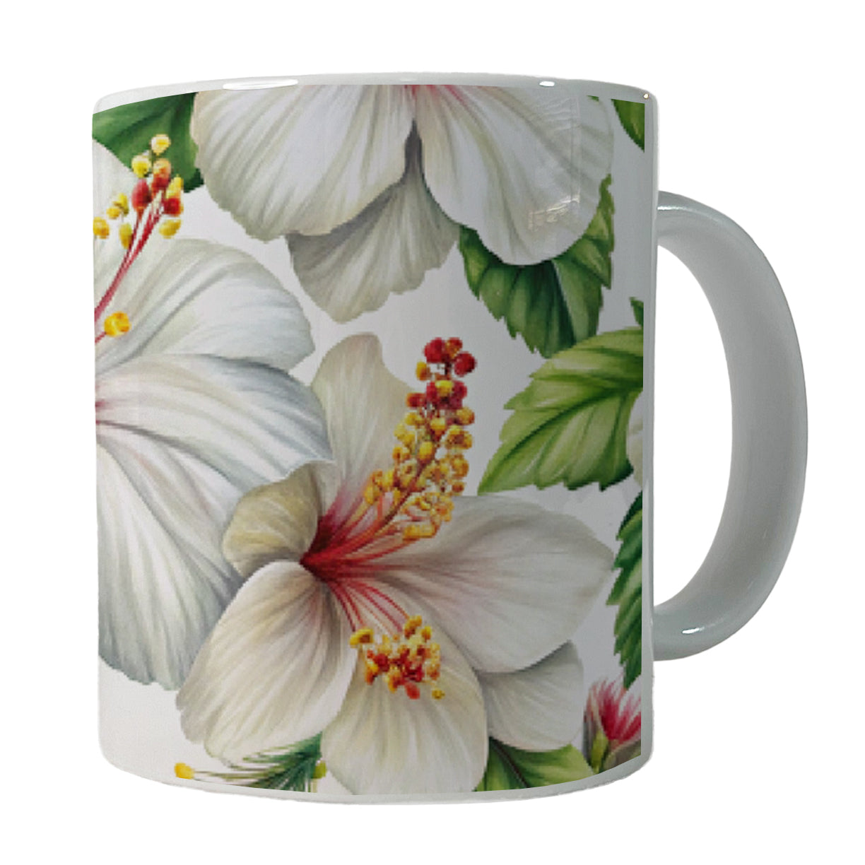 White Hibiscus Flowers Watercolor Ceramic Tea Coffee Mug Cup - 11oz