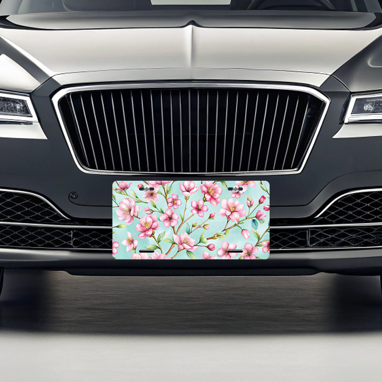 Cherry Blossom Flowers Light Blue Metal Vanity Novelty Tag License Plate for Trucks Cars SUVs