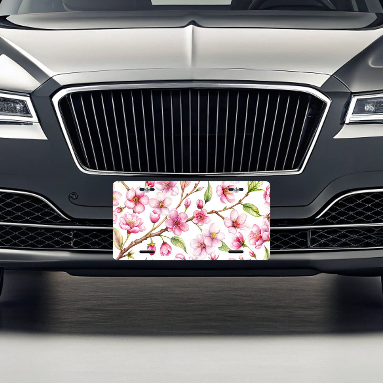 Cherry Blossom Flowers White Metal Vanity Novelty Tag License Plate for Trucks Cars SUVs