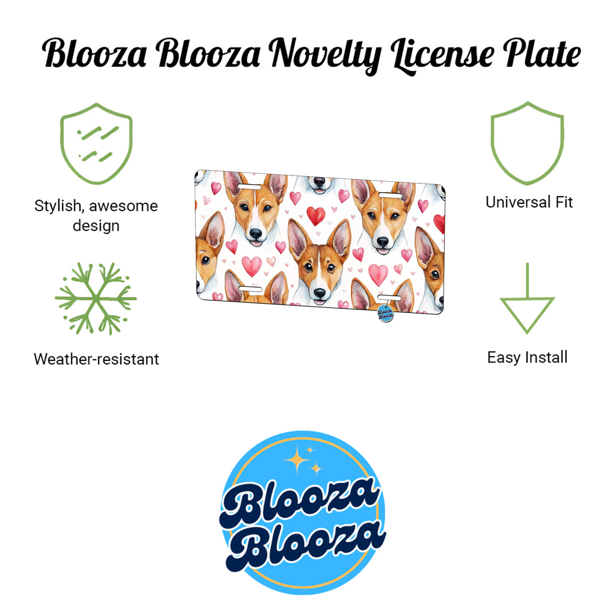 Cute Basenji Dog Faces Hearts Water Metal Vanity Novelty Tag License Plate for Trucks Cars SUVs