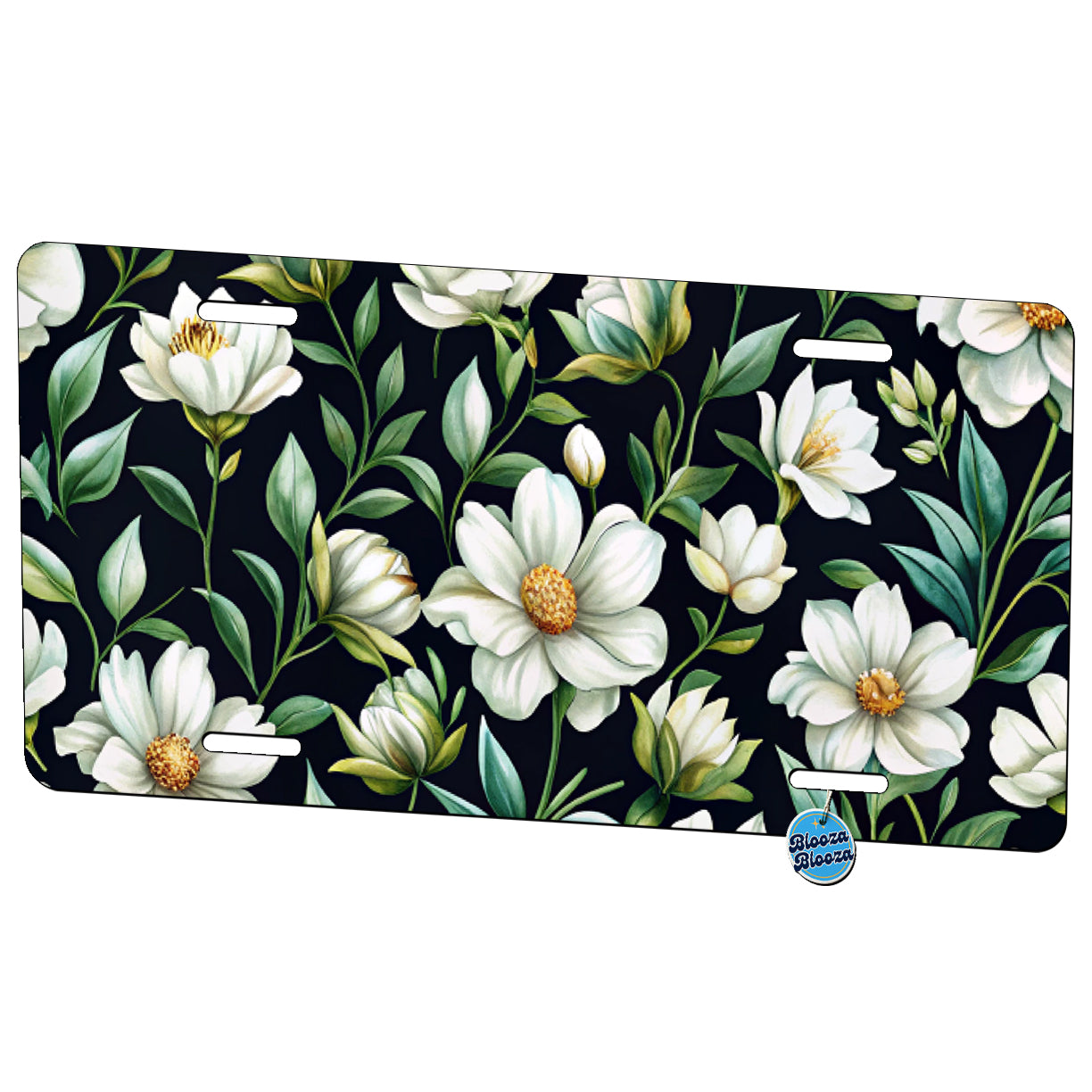 White Flowers Black Background Metal Vanity Novelty Tag License Plate for Trucks Cars SUVs