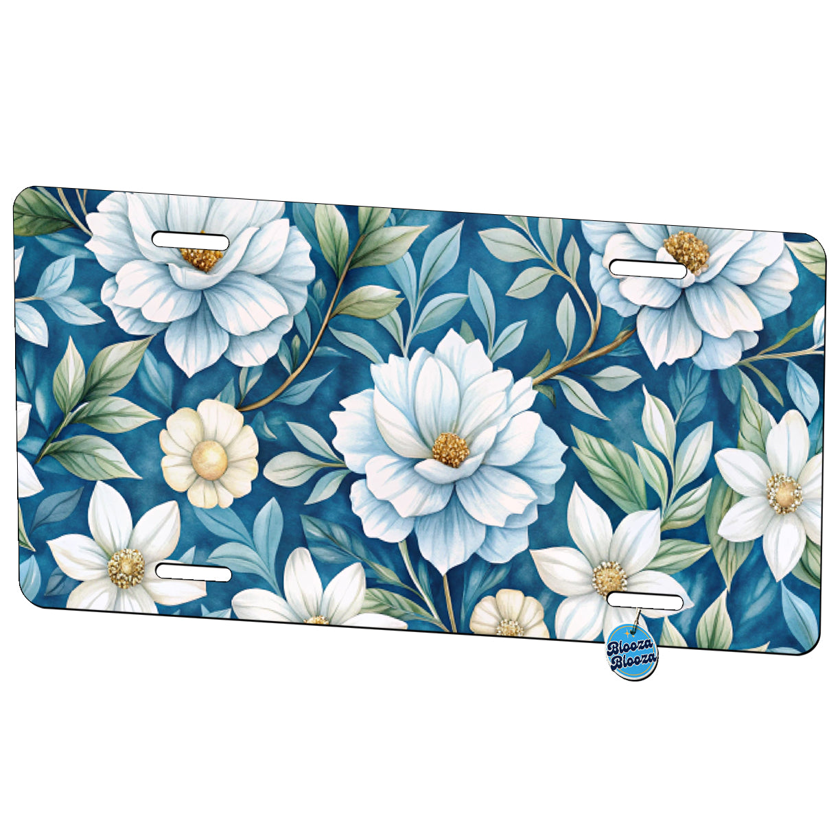 White Flowers Blue Background Metal Vanity Novelty Tag License Plate for Trucks Cars SUVs