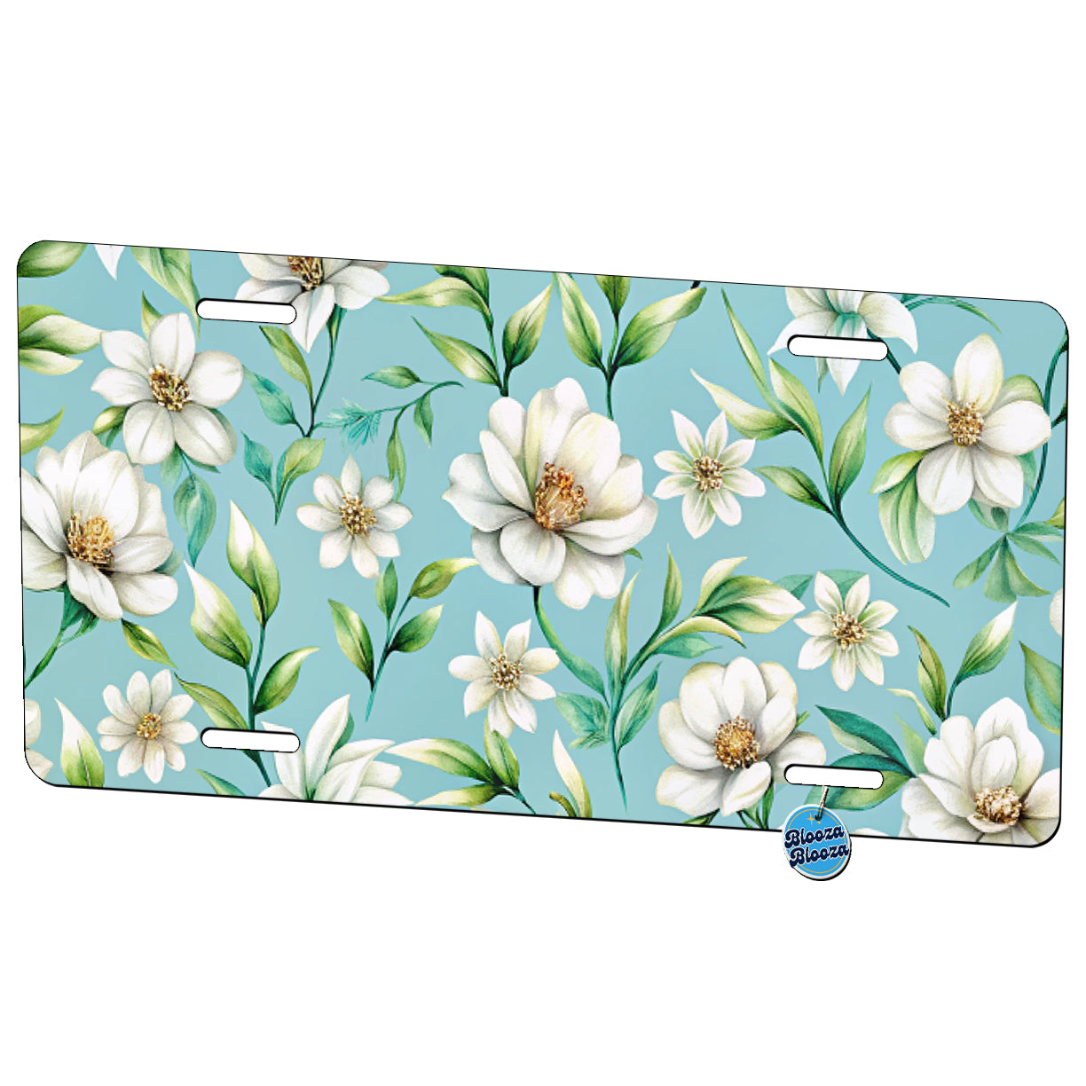 White Flowers Light Blue Background Metal Vanity Novelty Tag License Plate for Trucks Cars SUVs
