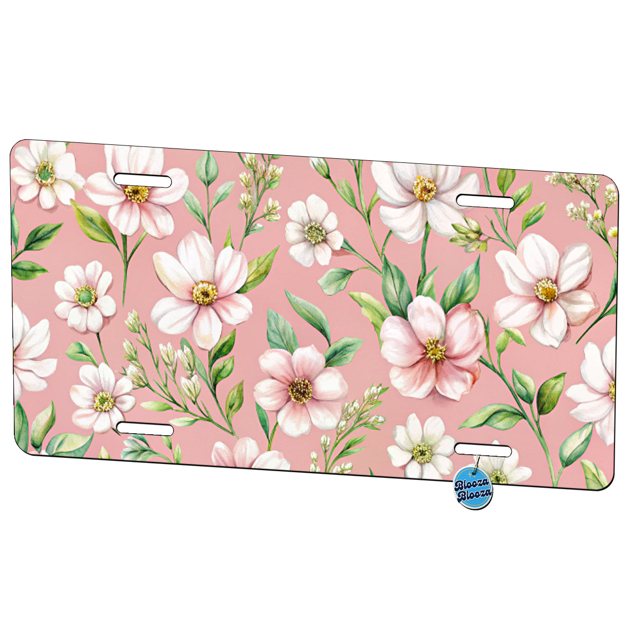 White Flowers Pink Background Metal Vanity Novelty Tag License Plate for Trucks Cars SUVs