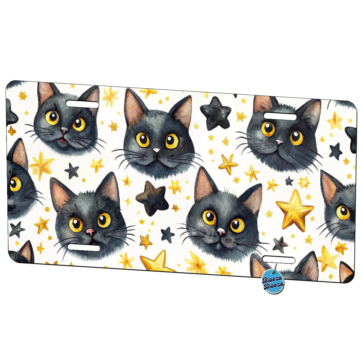 Sweet Black Cat Faces Yellow Stars Metal Vanity Novelty Tag License Plate for Trucks Cars SUVs