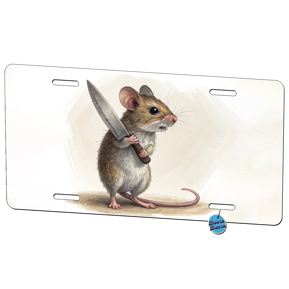 Small Mouse Holding A Butcher Knife Funny Scary Halloween Metal Vanity Novelty Tag License Plate for Trucks Cars SUVs