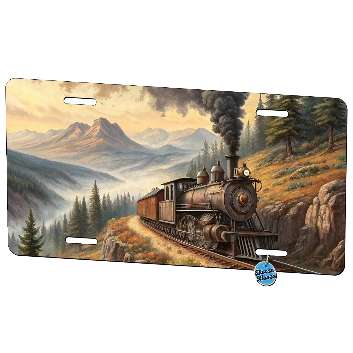 Steam Locomotive Coming Around The Mountain Old West Western Metal Vanity Novelty Tag License Plate for Trucks Cars SUVs