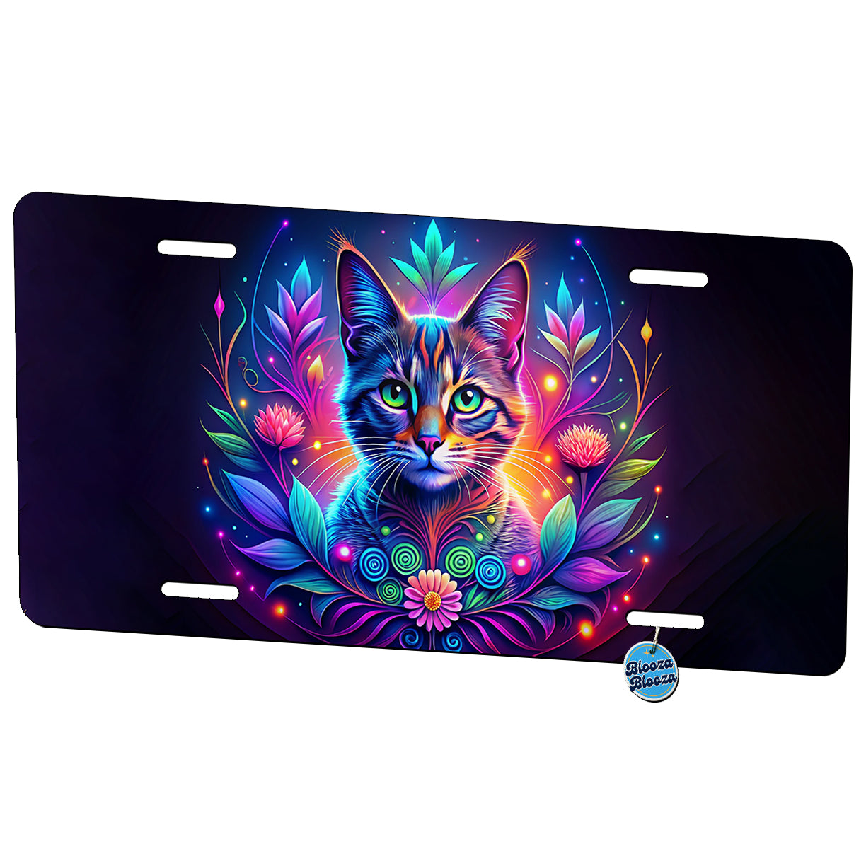 Abstract Neon Cat And Floral Design Metal Vanity Novelty Tag License Plate for Trucks Cars SUVs