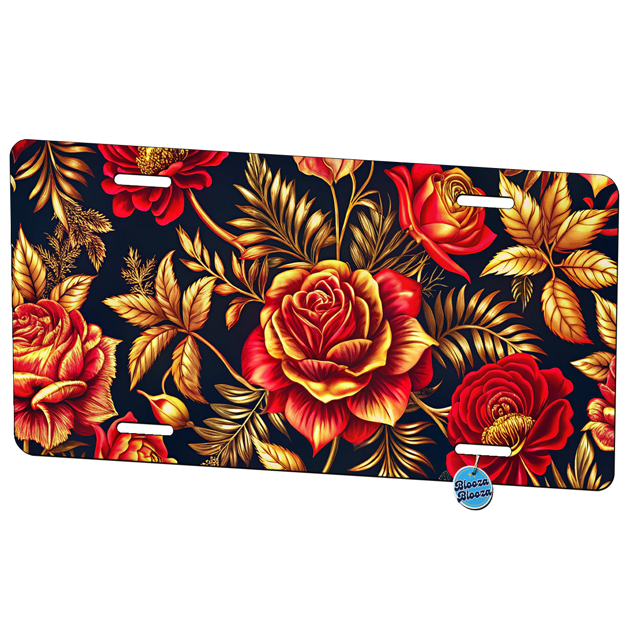 Neon Red And Gold Rose Floral Pattern Metal Vanity Novelty Tag License Plate for Trucks Cars SUVs