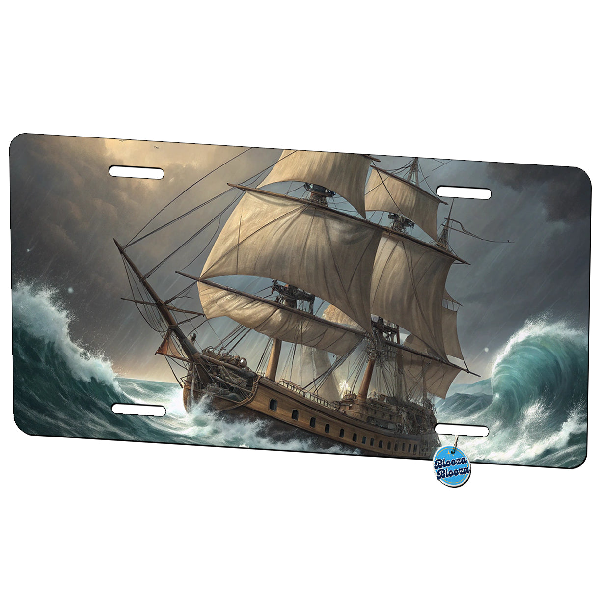 18th Century Sailing Ship Frigate In A Stormy Sea Metal Vanity Novelty Tag License Plate for Trucks Cars SUVs