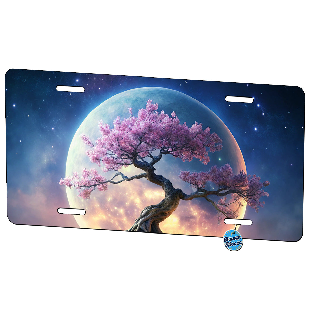 Japanese Bonsai Tree With Pink Flowers On Hill Under Large Moon Metal Vanity Novelty Tag License Plate for Trucks Cars SUVs