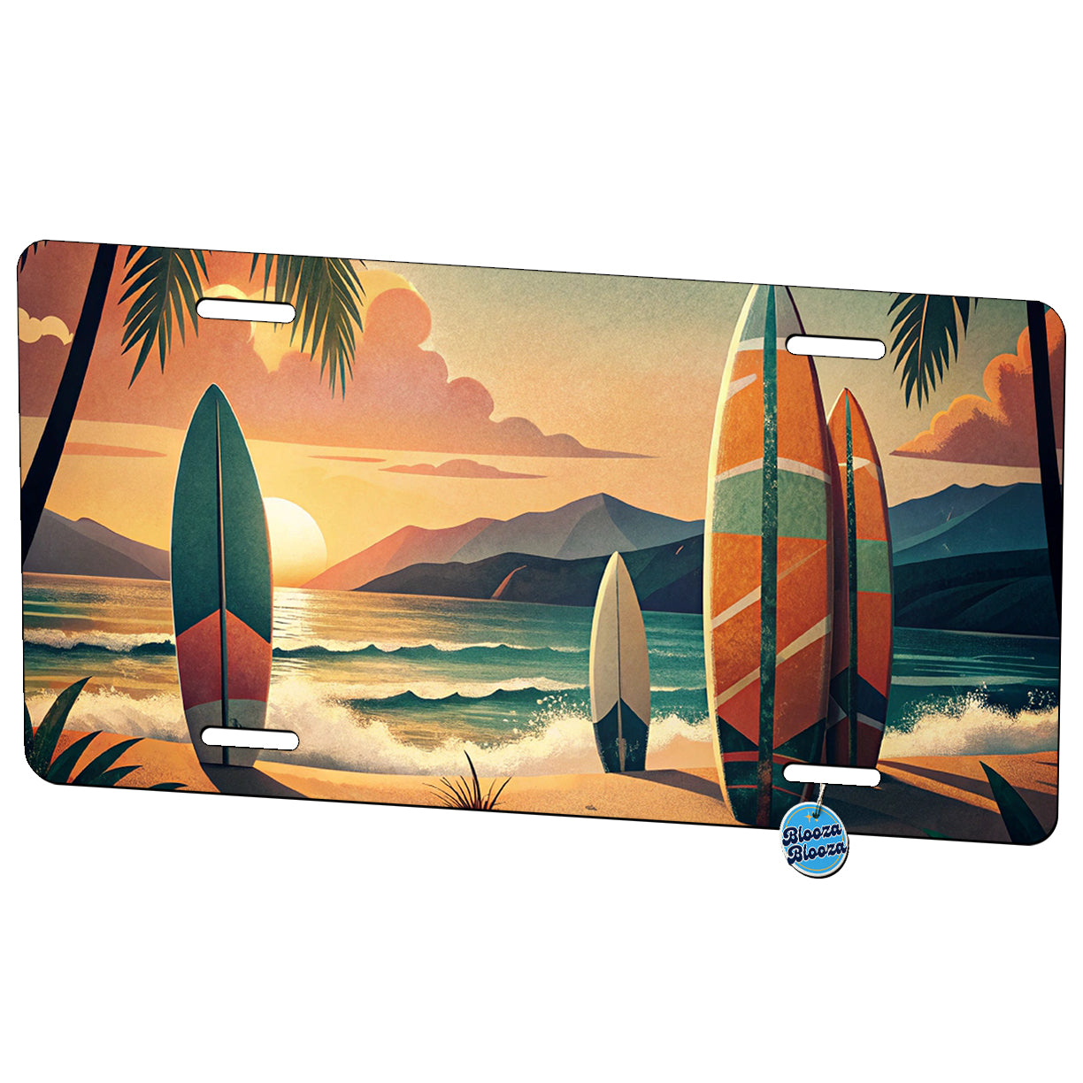 Retro Surfboards On Beach Tropical Sunset Illustration Metal Vanity Novelty Tag License Plate for Trucks Cars SUVs