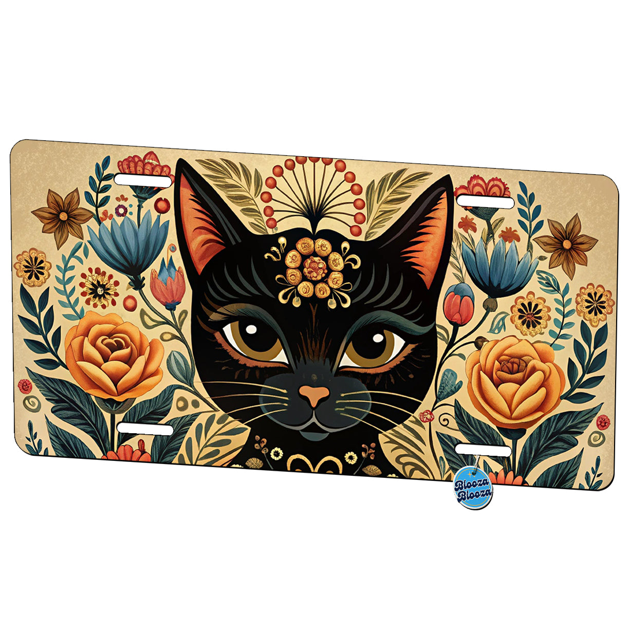 Stylized Black Cat Floral Design Metal Vanity Novelty Tag License Plate for Trucks Cars SUVs